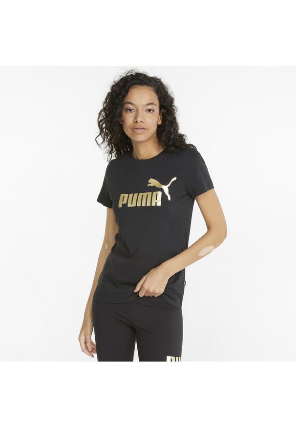 Puma - Damska koszulka z metalicznym logo Essentials+ PUMA Black Gold Foil. Kolor: czarny, żółty, wielokolorowy. Wzór: nadruk