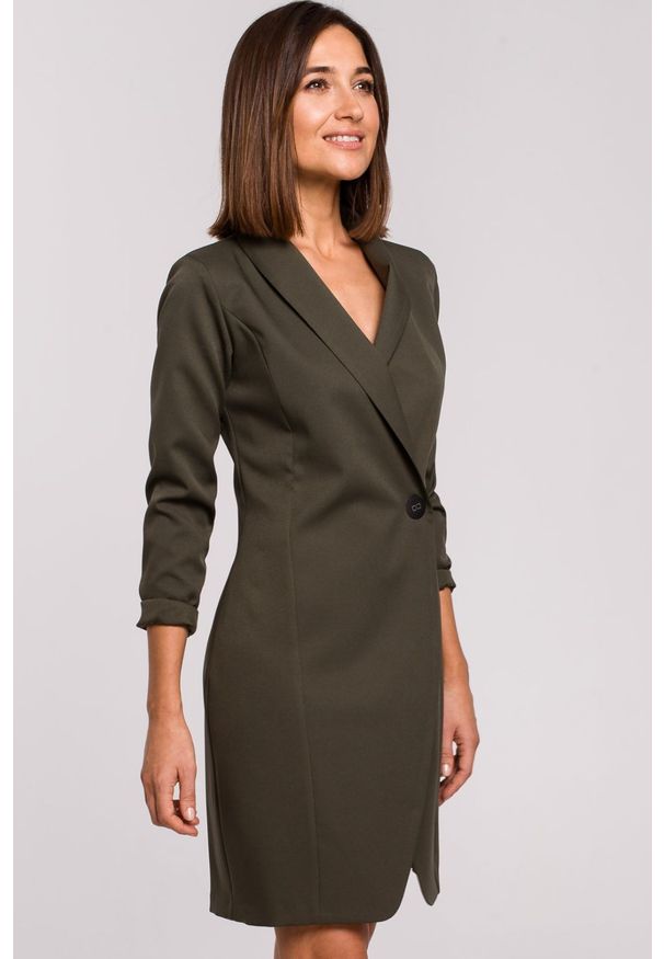 Stylove - Elegancka sukienka marynarka biznesowa z kołnierzem do pracy khaki. Okazja: do pracy, na spotkanie biznesowe. Kolor: brązowy. Styl: elegancki, biznesowy