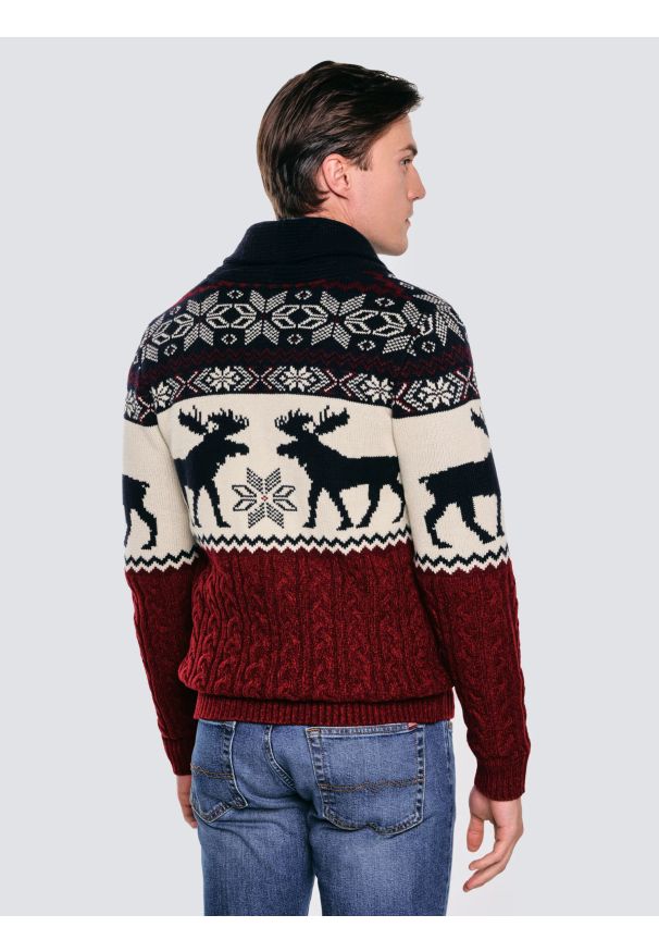 Big-Star - Kardigan męski ze wzorem skandynawskim bordowo-granatowy Lorenzo 000. Okazja: na spacer. Kolor: wielokolorowy. Materiał: dzianina, jeans. Wzór: ze splotem, gładki. Styl: sportowy, klasyczny