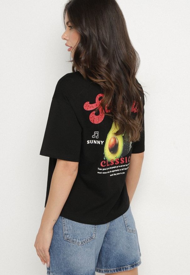Born2be - Czarny T-shirt z Bawełną i Motywem Awokado Addixa. Okazja: na co dzień. Kolor: czarny. Materiał: bawełna. Styl: casual, klasyczny