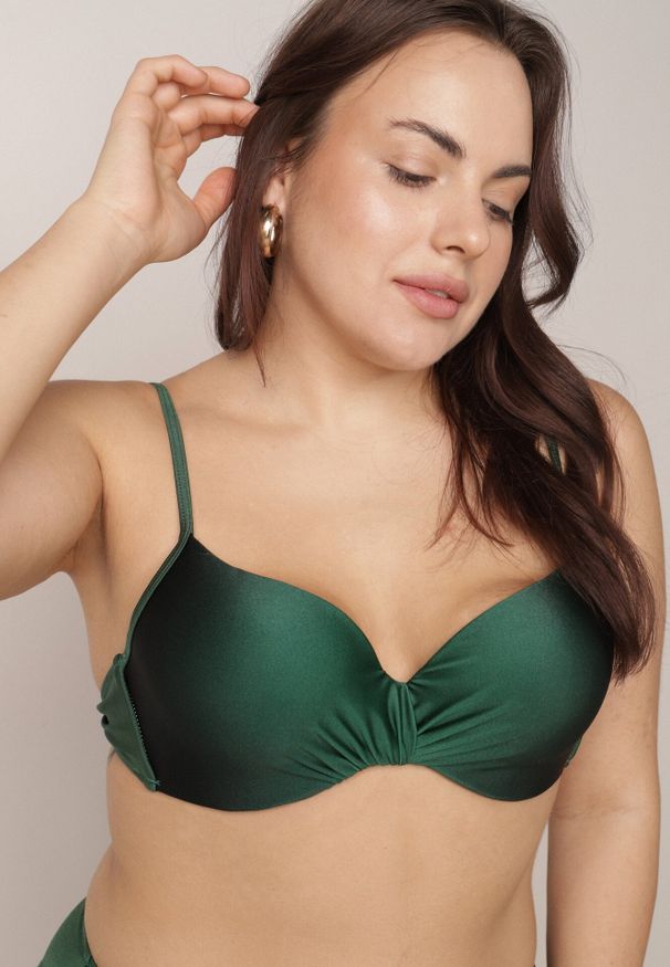 Born2be - Zielone Bikini Biustonosz i Figi z Ozdobnym Marszczeniem i Aplikacją Periete. Kolor: zielony. Wzór: aplikacja