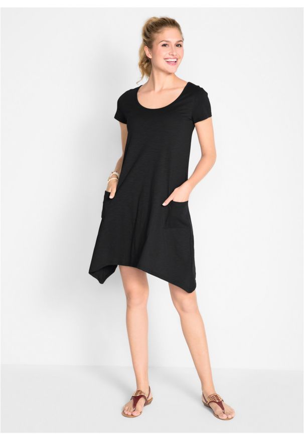 bonprix - Krótka sukienka bawełniana z przędzy mieszankowej, krótki rękaw. Kolor: czarny. Materiał: bawełna. Długość rękawa: krótki rękaw. Długość: mini