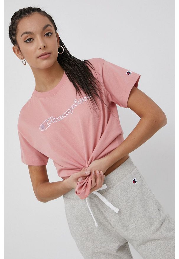 Champion t-shirt bawełniany 115351 kolor różowy. Okazja: na co dzień. Kolor: różowy. Materiał: bawełna. Wzór: aplikacja. Styl: casual