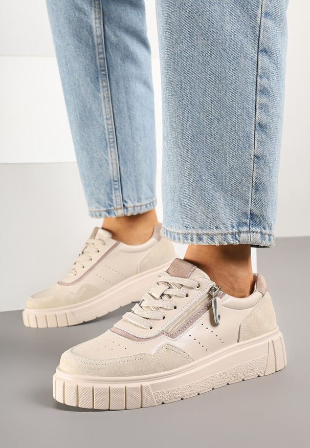 Born2be - Beżowe Sneakersy Skórzane na Niskiej Platformie z Suwakiem Sorlane. Okazja: na co dzień. Kolor: beżowy. Materiał: skóra. Obcas: na platformie