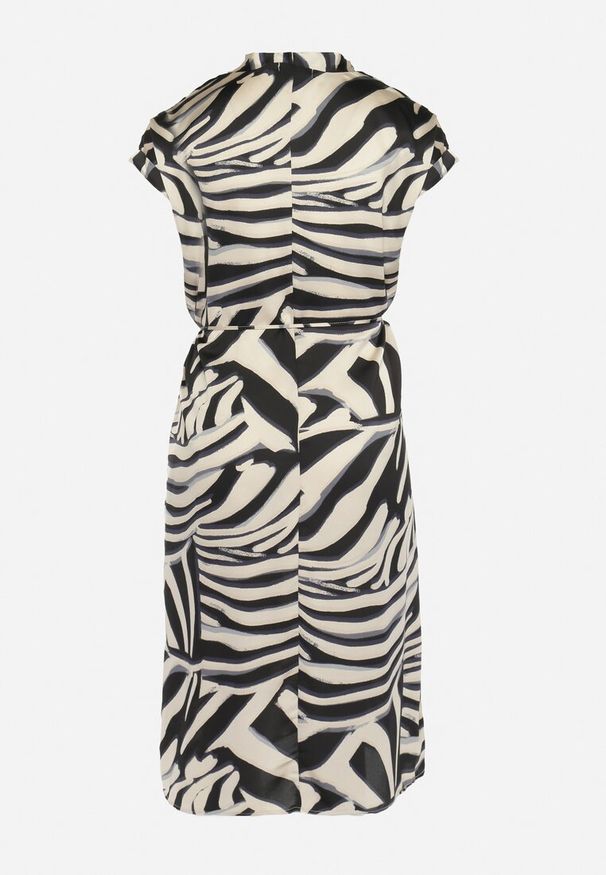 Born2be - Beżowo-Czarna Pudełkowa Sukienka Midi z Materiałowym Paskiem w Animal Print Ovita. Kolor: beżowy. Materiał: materiał. Wzór: nadruk. Długość: midi