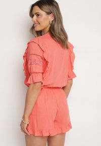 Born2be - Pomarańczowy Kombinezon z Lnu i Wiskozy w Stylu Boho z Falbankami i Koronką Linalisse. Okazja: na co dzień. Kolor: pomarańczowy. Materiał: koronka, wiskoza, len. Wzór: koronka. Styl: boho #4
