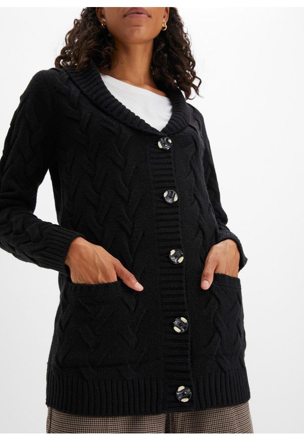 bonprix - Sweter rozpinany z szalowym kołnierzem i wzorem w warkocze. Kolor: czarny. Długość: długie