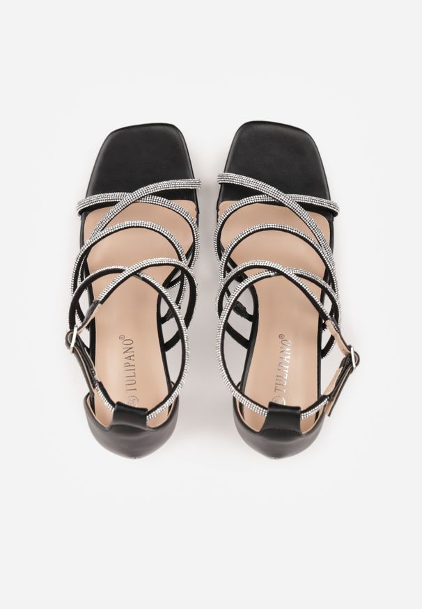 Born2be - Czarne Sandały na Szpilce z Cyrkoniami i Kwadratowym Noskiem Vikirona. Zapięcie: sprzączka. Kolor: czarny. Wzór: aplikacja. Obcas: na szpilce. Styl: wizytowy