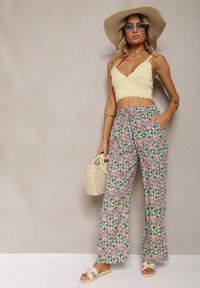 Renee - Zielono-Różowe Wiskozowe Spodnie High Waist Szerokie z Gumką w Pasie i Kieszeniami Aizha. Stan: podwyższony. Kolor: zielony. Materiał: wiskoza #3
