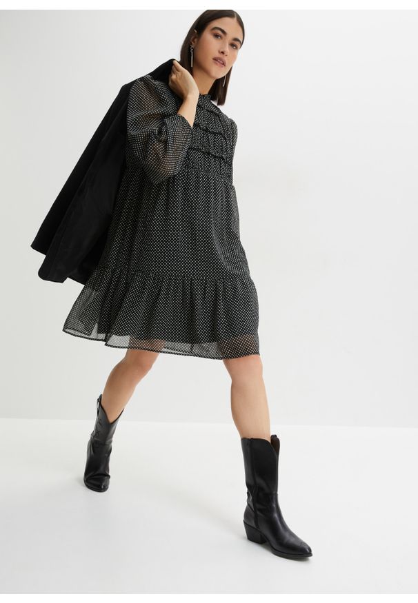 bonprix - Sukienka z falbanami. Kolor: czarny. Wzór: kropki