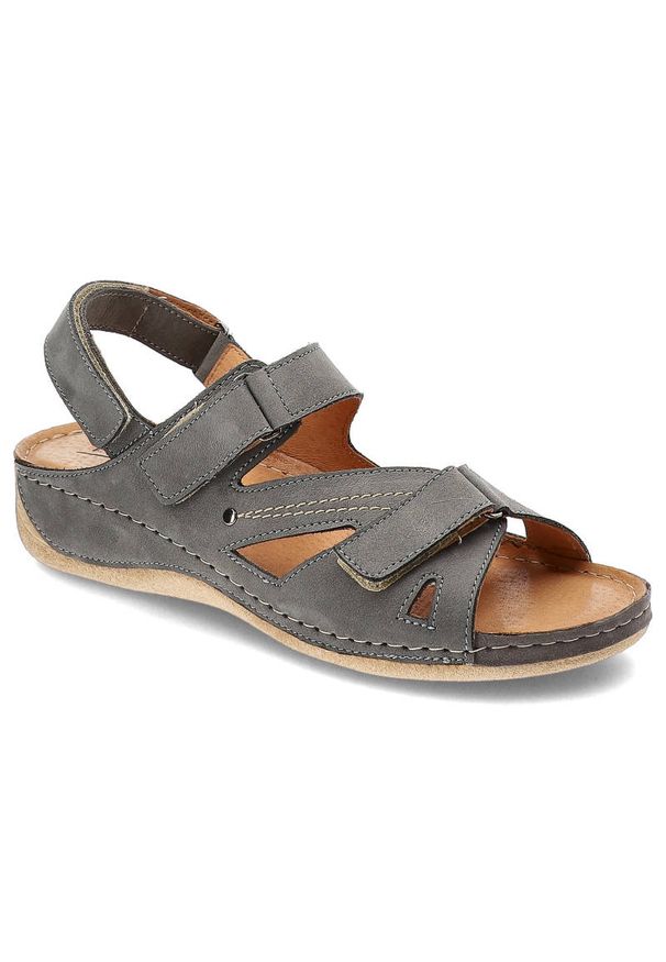 Szare Sandały Pollonus Wygodne Skórzane Buty Damskie. Okazja: na co dzień. Zapięcie: rzepy. Kolor: szary. Materiał: skóra. Sezon: lato. Styl: casual, elegancki