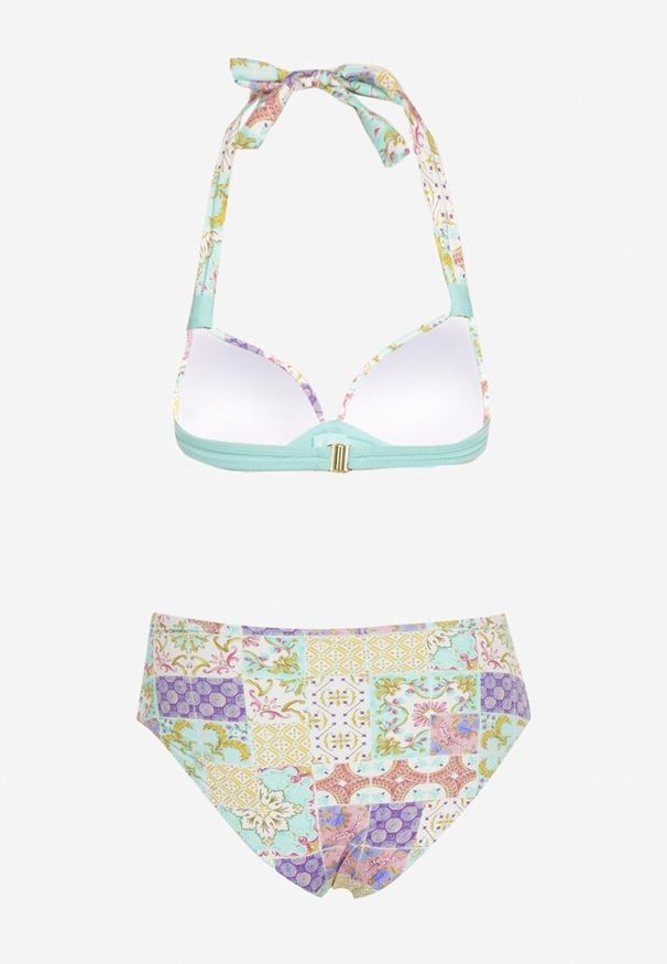 Renee - Niebiesko-Beżowe Bikini w Mozaikowy Wzór z Biżuteryjną Klamerką Vextella. Kolor: niebieski