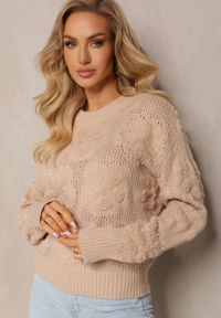 Renee - Beżowy Sweter z Wełną i Bawełną z Pluszowymi Wstawkami Alrua. Kolor: beżowy. Materiał: wełna, bawełna. Sezon: zima #1