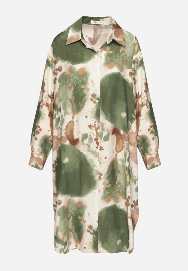 Born2be - Zielona Sukienka Koszulowa Oversize z Wiskozy w Abstrakcyjny Wzór Gonania. Okazja: na co dzień. Typ kołnierza: kołnierzyk klasyczny. Kolor: zielony. Materiał: wiskoza. Długość rękawa: długi rękaw. Typ sukienki: koszulowe, oversize. Styl: klasyczny, casual, elegancki