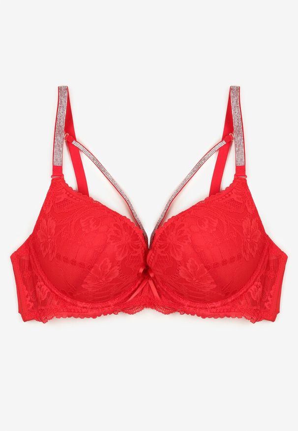 Born2be - Czerwony Biustonosz z Koronką i Ozdobnymi Paskami Korzedi. Kolor: czerwony. Materiał: koronka. Rodzaj stanika: odpinane ramiączka. Wzór: koronka