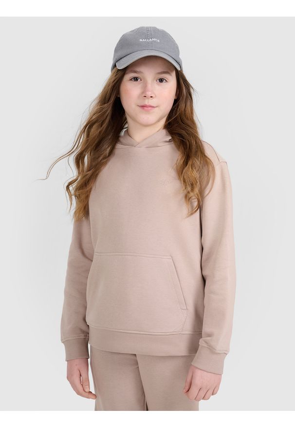 4f - 4F Bluza dresowa nierozpinana z kapturem dziewczęca - beżowa 128 (7-8 lat). Okazja: na co dzień, na uczelnię. Typ kołnierza: kaptur. Kolor: beżowy. Materiał: dresówka. Sezon: lato. Styl: casual, klasyczny