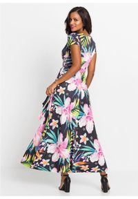 Długa sukienka z założeniem kopertowym bonprix czarno-zielono-różowy w kwiaty. Kolor: czarny. Wzór: kwiaty. Typ sukienki: kopertowe. Długość: maxi #2