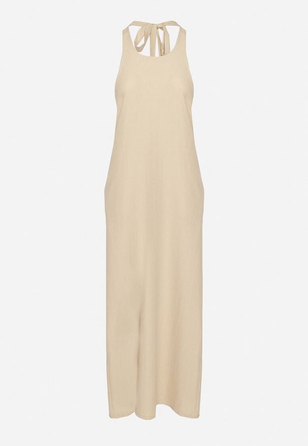 Born2be - Beżowa Sukienka z Wiązaniem na Szyi i Kieszeniami o Trapezowym Kroju Nestatasha. Kolor: beżowy. Typ sukienki: trapezowe