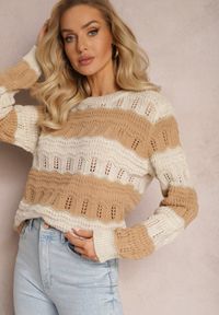 Renee - Beżowy Sweter Ozdobiony Ażurowymi Wycięciami i Połyskującą Nitką Casiena. Kolor: beżowy. Materiał: dzianina. Wzór: aplikacja, ażurowy #4