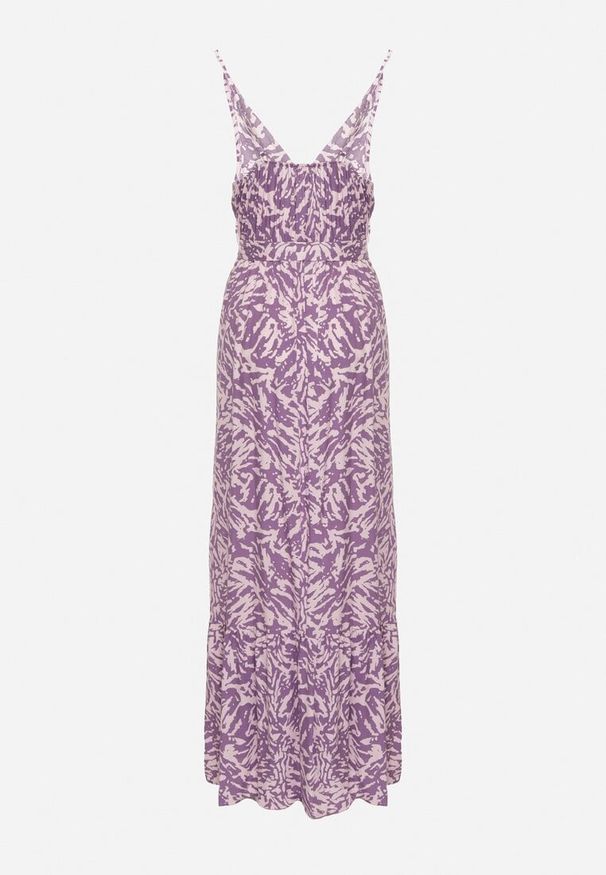 Born2be - Fioletowa Sukienka z Wiskozy na Ramiączkach z Gumką w Pasie i Materiałowym Paskiem Stralia. Okazja: na co dzień. Kolor: fioletowy. Materiał: wiskoza, materiał. Długość rękawa: na ramiączkach. Styl: casual, elegancki