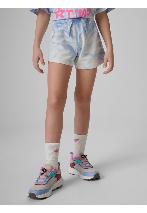 4f - 4F Spodenki dresowe dziewczęce - niebieskie 158 (12-13 lat). Kolor: niebieski. Materiał: dresówka. Wzór: nadruk. Sezon: lato