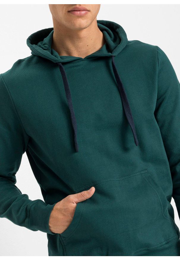 bonprix - Bawełniana bluza z kapturem. Typ kołnierza: kaptur. Kolor: zielony. Materiał: bawełna. Wzór: prążki