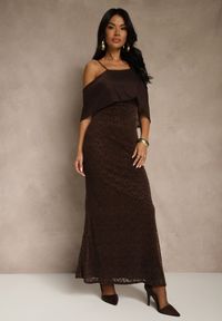 Renee - Brązowa Sukienka o Asymetrycznym Kroju Ozdobiona Falbaną Owedia. Kolor: brązowy. Materiał: poliester. Wzór: aplikacja. Typ sukienki: asymetryczne. Styl: elegancki #1