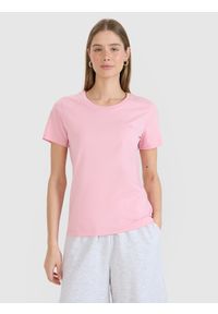 4f - 4F T-shirt regular gładki damski - różowy L. Okazja: na co dzień. Kolor: różowy. Materiał: bawełna, jersey, dzianina. Długość rękawa: krótki rękaw. Długość: krótkie. Wzór: gładki. Sezon: lato. Styl: casual, sportowy, klasyczny #1