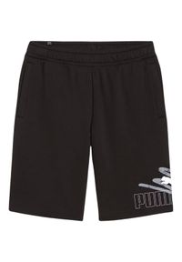 Puma - Shorty Męskie Graficzny Nadruk Logo ESS+. Kolor: czarny. Wzór: nadruk