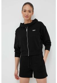 DKNY - Dkny bluza damska kolor czarny z kapturem gładka. Typ kołnierza: kaptur. Kolor: czarny. Wzór: gładki