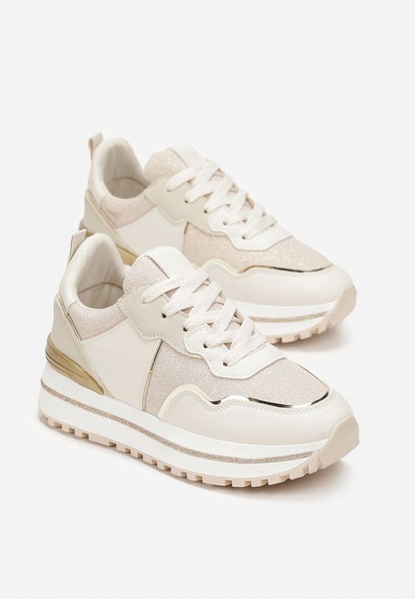 Renee - Beżowe Sneakersy z Cholewką przed Kostkę Ozdobione Brokatem Telse. Wysokość cholewki: przed kostkę. Kolor: beżowy. Szerokość cholewki: normalna. Wzór: aplikacja. Sezon: lato. Obcas: na płaskiej podeszwie