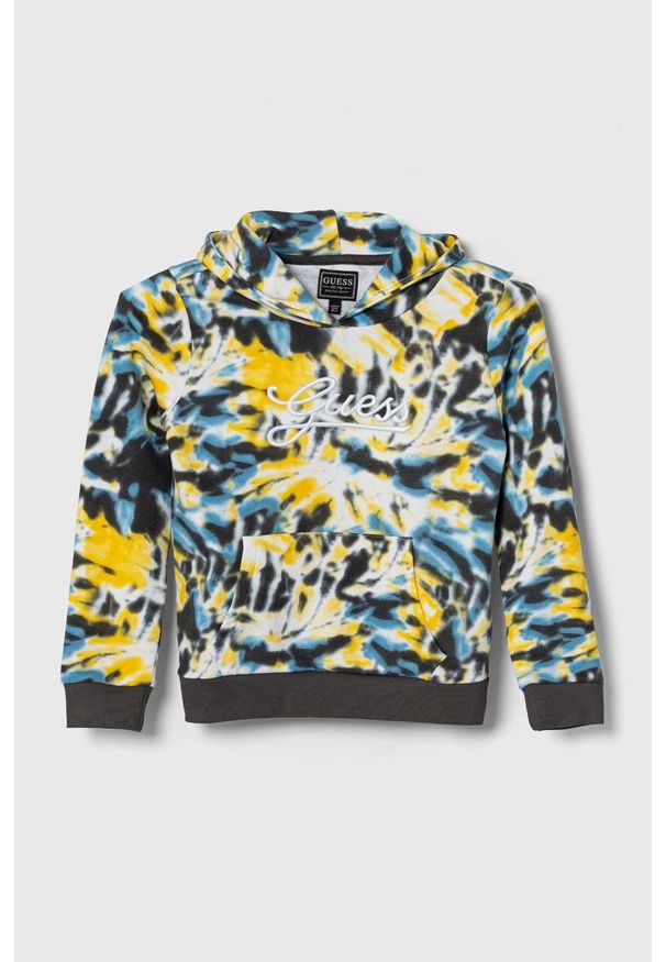 Guess bluza bawełniana dziecięca kolor żółty z kapturem wzorzysta. Typ kołnierza: kaptur. Kolor: żółty. Materiał: bawełna. Wzór: aplikacja