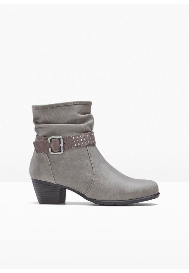 bonprix - Krótkie botki. Zapięcie: pasek. Kolor: szary. Obcas: na obcasie. Wysokość obcasa: średni