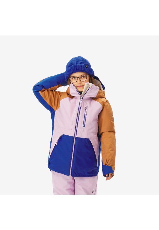 WEDZE - Kurtka snowboardowa dla dzieci Dreamscape SNB 500 ziprotec. Kolor: pomarańczowy, fioletowy, niebieski, wielokolorowy, brązowy. Materiał: puch, materiał. Długość: długie. Sezon: zima. Sport: snowboard