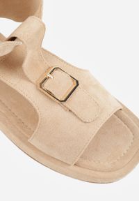 Born2be - Beżowe Sandały w Stylu Botków z Ozdobną Klamrą Theaneasi. Okazja: na co dzień. Zapięcie: klamry. Kolor: beżowy. Materiał: jeans. Styl: casual, elegancki, klasyczny #2