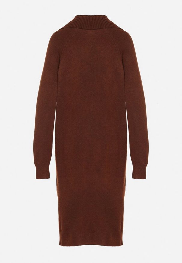 Born2be - Brązowa Sweterkowa Sukienka z Bawełną i Wełną Ozdobiona Kołnierzykiem Otiva. Okazja: na co dzień. Kolor: brązowy. Materiał: wełna, bawełna. Wzór: aplikacja. Typ sukienki: proste. Styl: casual
