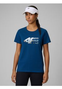 4f - 4F T-shirt regular z nadrukiem damski - turkusowy S. Okazja: na co dzień. Kolor: turkusowy. Materiał: dzianina, bawełna. Wzór: nadruk. Styl: casual #1