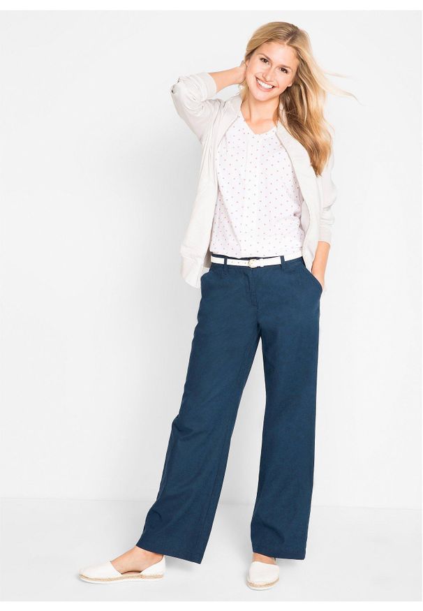 bonprix - Spodnie z mieszanki lnu i bawełny. Kolor: niebieski. Materiał: bawełna, len