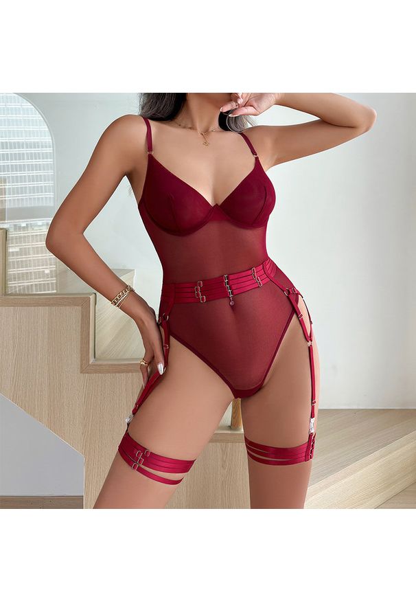 Intica - Body z pasem do pończoch z regulowanymi paskami bielizna damska Naydenka. Kolor: czerwony. Materiał: materiał. Wzór: paski