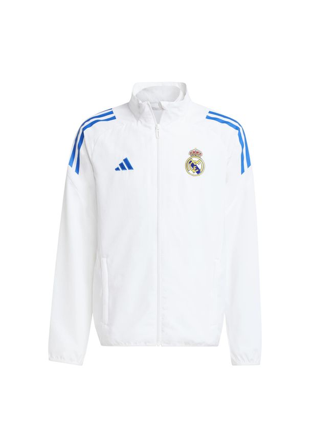 Adidas - Dziecienska bluza dresowa Prematch Real Madrid EU 2025/26. Kolor: biały. Materiał: dresówka. Sport: piłka nożna