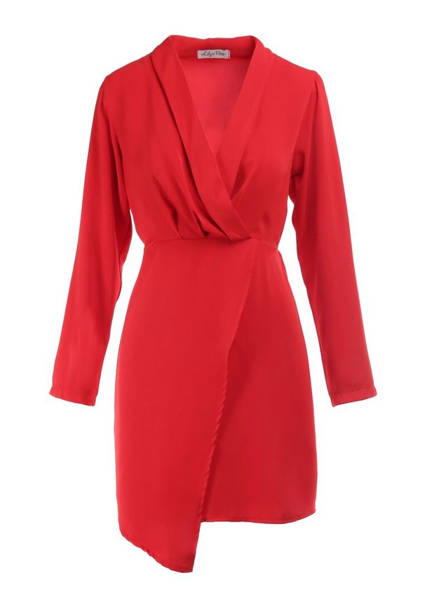 Born2be - Czerwona Sukienka Tryphala. Typ kołnierza: dekolt w kształcie V. Kolor: czerwony. Materiał: tkanina. Długość rękawa: długi rękaw. Wzór: aplikacja, gładki, jednolity. Typ sukienki: kopertowe. Styl: klasyczny. Długość: mini