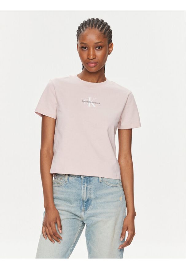 Calvin Klein Jeans T-Shirt Monologo Baby Tee J20J223113 Różowy Slim Fit. Kolor: różowy. Materiał: bawełna