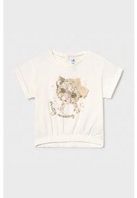 Mayoral - T-shirt dziecięcy 74-98 cm. Kolor: kremowy. Materiał: bawełna, dzianina, elastan. Długość rękawa: krótki rękaw. Długość: krótkie. Wzór: aplikacja #1