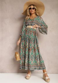 Renee - Zielona Rozkloszowana Sukienka we Wzór Paisley z Rękawem 3/4 Briarwa. Okazja: na co dzień. Kolor: zielony. Wzór: paisley. Styl: elegancki, casual #5