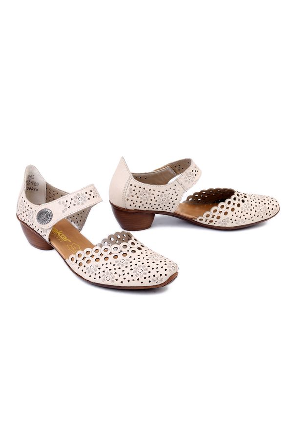 Rieker - RIEKER 43753-60 beige, czółenka damskie. Zapięcie: rzepy. Kolor: beżowy. Materiał: skóra. Szerokość cholewki: normalna. Obcas: na obcasie. Wysokość obcasa: średni