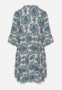 Born2be - Granatowo-Beżowa Rozkloszowana Sukienka z Bawełny z Falbanami w Ornamentalny Wzór Lanoreth. Okazja: na co dzień, na spacer. Typ kołnierza: dekolt w serek. Kolor: niebieski. Materiał: bawełna. Typ sukienki: rozkloszowane, proste. Styl: klasyczny, casual #7