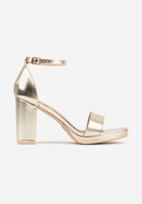Renee - Złote Sandały VICES na Słupkowym Obcasie ze Skórzaną Wkładką Azimera. Okazja: na co dzień, na imprezę. Kolor: złoty. Materiał: skóra. Sezon: lato. Obcas: na obcasie. Styl: casual. Wysokość obcasa: średni #1