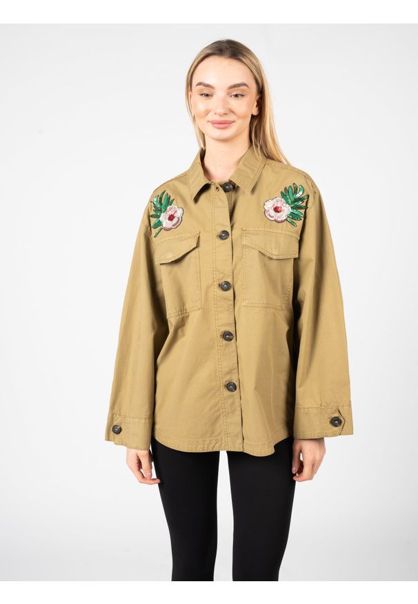 Pinko Koszula "Capo" | 101179 A0V4 | Kobieta | Wojskowa Zieleń. Typ kołnierza: kołnierzyk klasyczny. Materiał: bawełna. Wzór: aplikacja. Styl: militarny