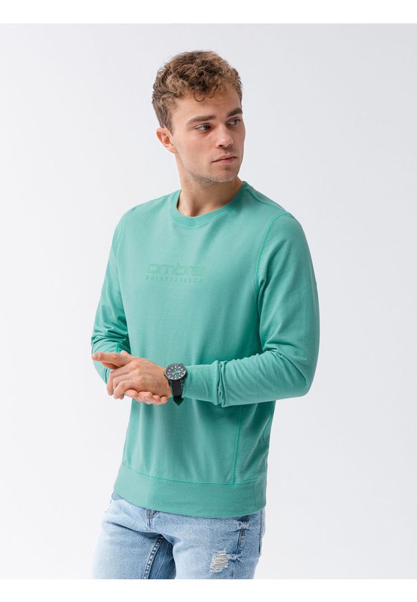 Ombre Clothing - Bluza męska bez kaptura z nadrukiem B1160 - turkusowa - XXL. Typ kołnierza: bez kaptura. Kolor: turkusowy. Materiał: poliester, bawełna. Wzór: nadruk. Sezon: wiosna, lato. Styl: klasyczny