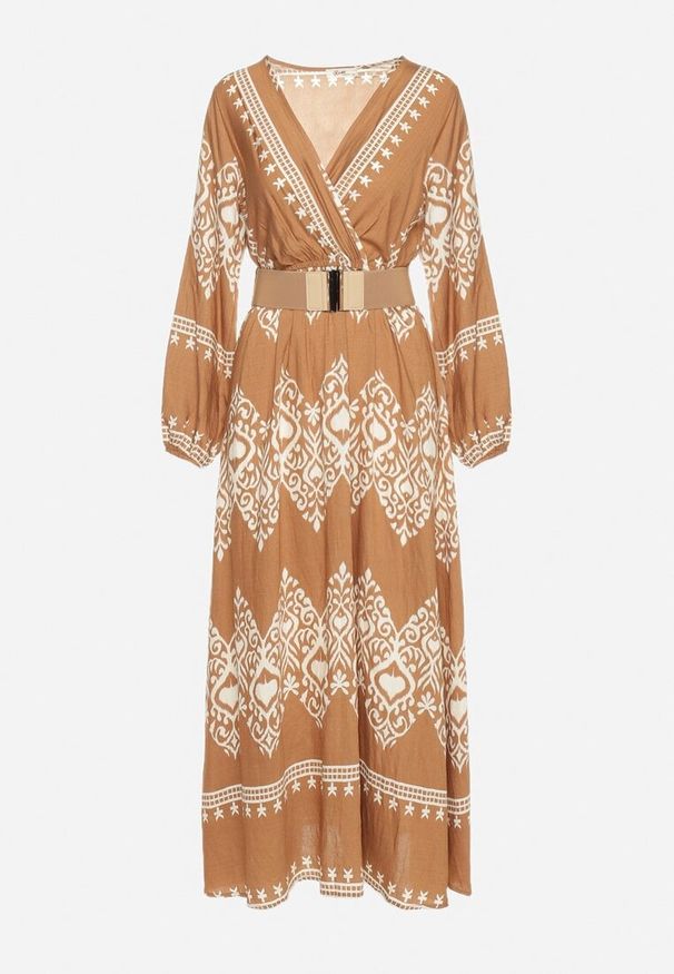 Born2be - Beżowa Kopertowa Sukienka z Wiskozą w Orientalny Wzór z Paskiem i Gumką w Talii Sagizia. Okazja: do pracy, na spotkanie biznesowe. Typ kołnierza: dekolt w kształcie V. Kolor: beżowy. Materiał: wiskoza. Długość rękawa: długi rękaw. Typ sukienki: kopertowe. Styl: biznesowy, elegancki